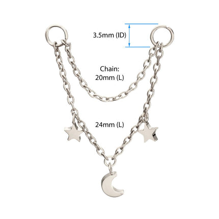 Invictus Platinum PVD Titanium Double Star & Crescent Moon 2-Tier Rolo Chain Dangle