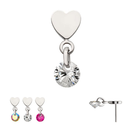 Invictus Platinum PVD Titanium Threadless Flat Heart Top with Floating CZ Gem Dangle