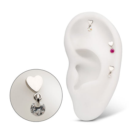 Invictus Platinum PVD Titanium Threadless Flat Heart Top with Floating CZ Gem Dangle