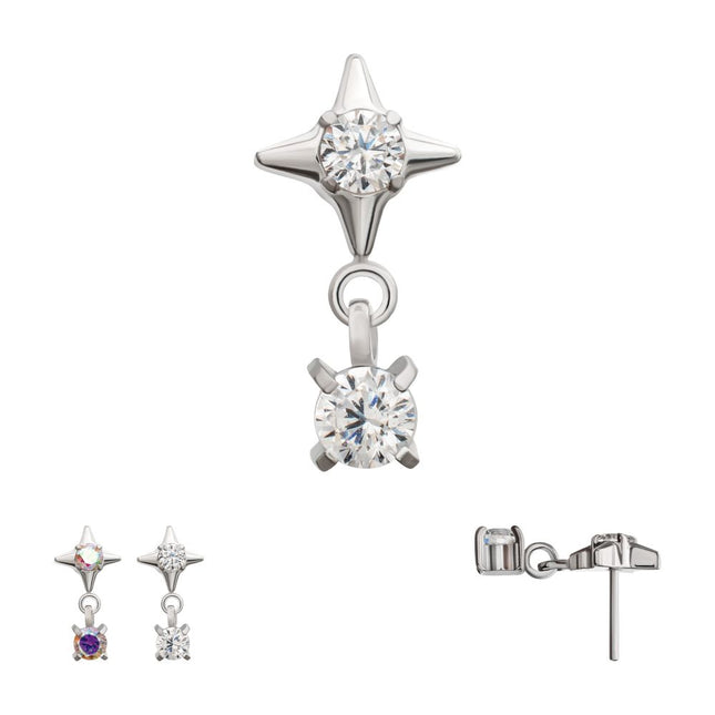 Invictus Platinum PVD Titanium Threadless Celestial Star Top with Prong Set CZ Gem Dangle