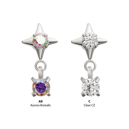Invictus Platinum PVD Titanium Threadless Celestial Star Top with Prong Set CZ Gem Dangle