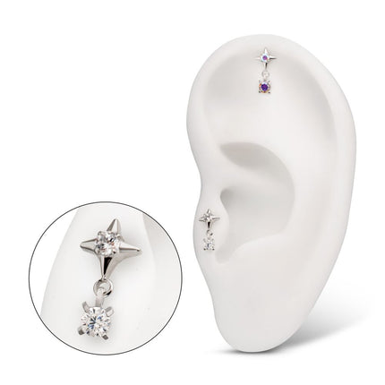 Invictus Platinum PVD Titanium Threadless Celestial Star Top with Prong Set CZ Gem Dangle