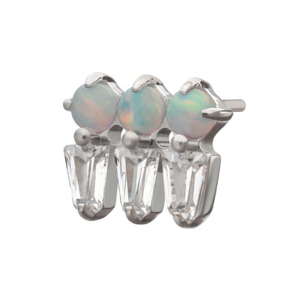 Invictus Platinum PVD Titanium Threadless Triple Cluster Top with Prong Set Round Opal & Baguette CZ Gem