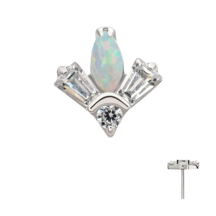 Invictus Platinum PVD Titanium Threadless Triple Cluster Top with Prong Set Round Opal & Baguette CZ Gem
