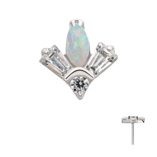 Invictus Platinum PVD Titanium Threadless Triple Cluster Top with Prong Set Round Opal & Baguette CZ Gem