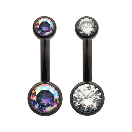 Invictus Black PVD Titanium Internally Threaded Bezel Set Double CZ Smooth Rounded Back Fixed Bottom Navel Ring