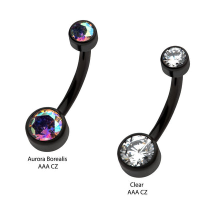 Invictus Black PVD Titanium Internally Threaded Bezel Set Double CZ Smooth Rounded Back Fixed Bottom Navel Ring