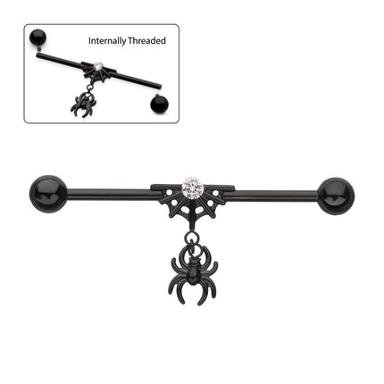 Invictus Black PVD Titanium Internally Threaded Gem Spiderweb with Spider Dangle & Ball End Industrial Barbell