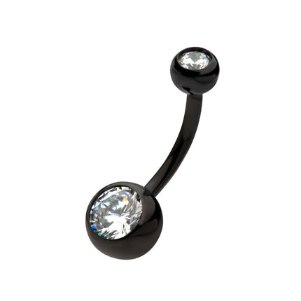 Invictus Black PVD Titanium Internally Threaded Bezel Set Double CZ Fixed Bottom Navel Ring