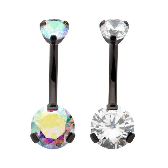 Invictus Black PVD Titanium Internally Threaded Prong Set Double CZ Fixed Bottom Navel Ring