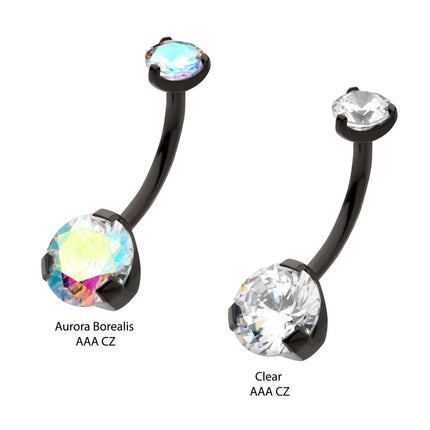 Invictus Black PVD Titanium Internally Threaded Prong Set Double CZ Fixed Bottom Navel Ring