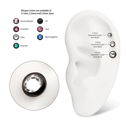 Invictus 16g Black PVD PVD Titanium Internally Threaded Low Profile Bezel Set Swarovski Crystal Dermal Top