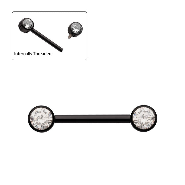 Invictus Black PVD Titanium Internally Threaded Bezel Set Gem End Nipple Barbell (One Side Fixed, One Side Internally Threaded ) | Sold by piece