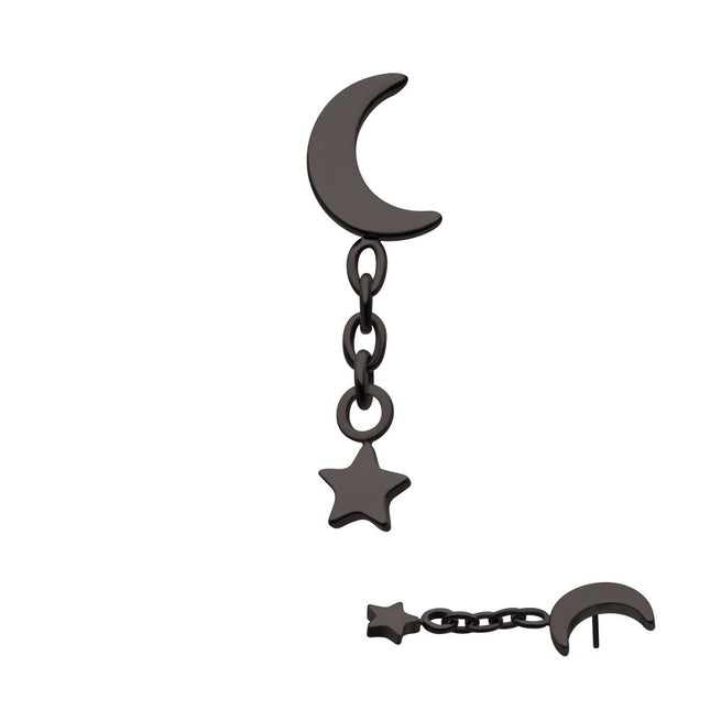 Invictus Black PVD Titanium Threadless Crescent Moon Top with Star Dangle