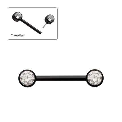 Invictus Black PVD Titanium Threadless Bezel Set Gem End Nipple Barbell (One Side Fixed, One Side Threadless ) | Sold by piece