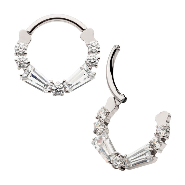 Invictus Titanium Clustered Prong Set Baguette & Round CZ Front Facing Hinged Segment Clicker