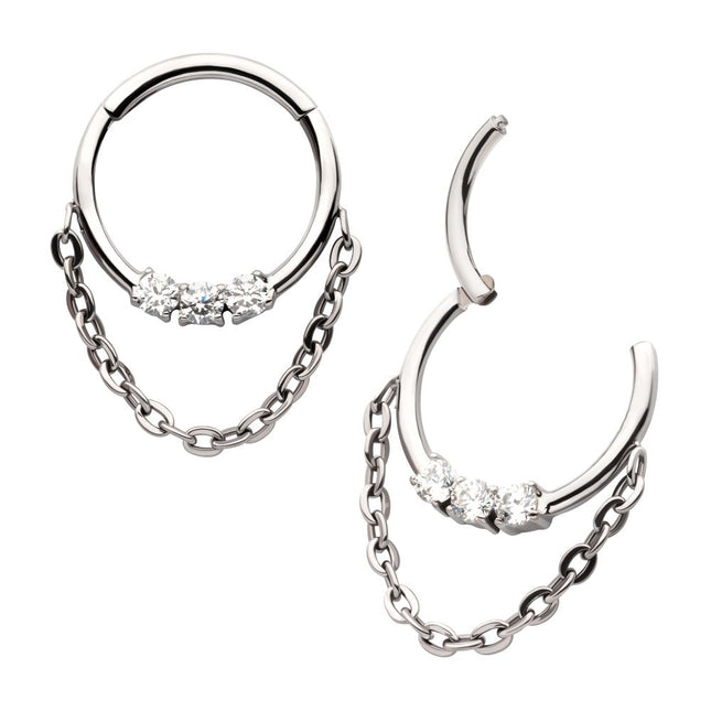 Invictus Titanium 3-Cluster Prong Set Round CZ Front Facing Hinged Segment Clicker with Dangle Chain