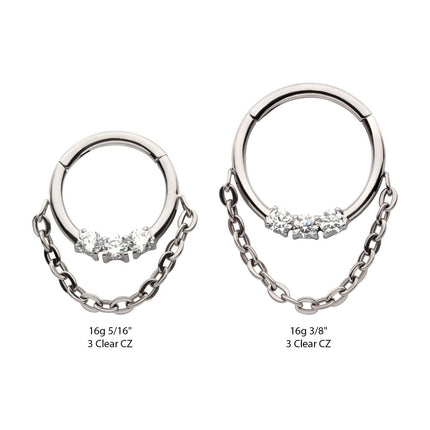 Invictus Titanium 3-Cluster Prong Set Round CZ Front Facing Hinged Segment Clicker with Dangle Chain