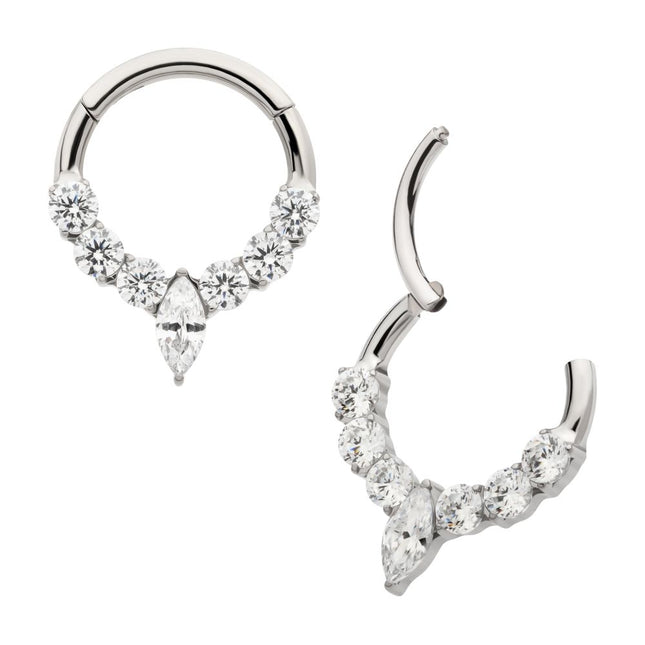 Invictus Titanium Clustered Prong Set Round CZ with Center Marquise CZ Front Facing Hinged Segment Clicker