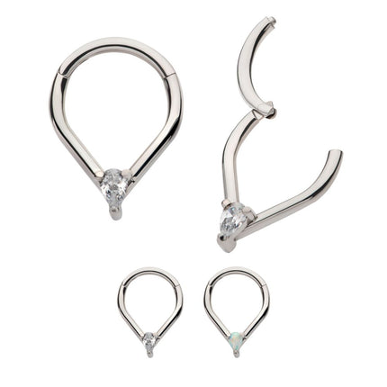 Invictus Titanium with Prong Set Teardrop CZ/Opal Front Facing Hinged Segment Clicker