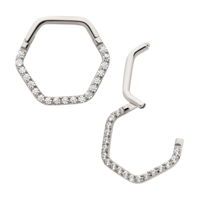 Invictus Titanium with 1mm CNC Set Clear CZ Eternity Hexagon Shape Front Facing Hinged Segment Clicker