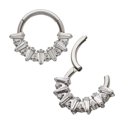 Invictus Titanium Baguette Crown Prong Set Gem Cluster Front Facing Hinged Segment Clicker
