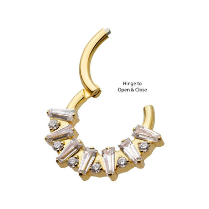 Invictus 24Kt Gold PVD Titanium Baguette Crown Prong Set Gem Cluster Front Facing Hinged Segment Clicker