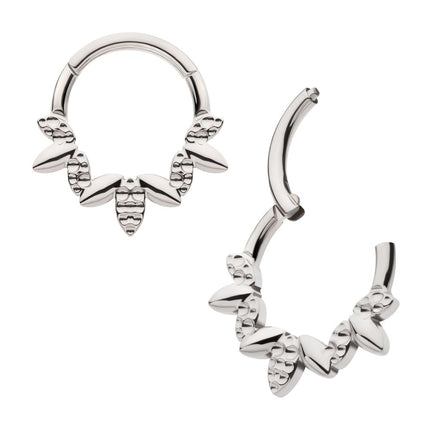 Invictus Titanium Clustered Hammered & Shiny  3-Petal Flower Front Facing Hinged Segment Clicker