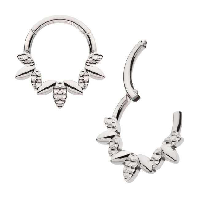 Invictus Titanium Clustered Hammered & Shiny  3-Petal Flower Front Facing Hinged Segment Clicker