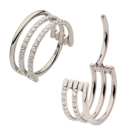 Invictus Titanium with CNC Set Clear CZ in 2 Consecutive Hoops Triple Row Side Facing Hinged Segment Clicker