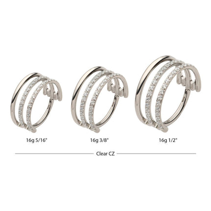 Invictus Titanium with CNC Set Clear CZ in 2 Consecutive Hoops Triple Row Side Facing Hinged Segment Clicker