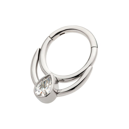 Invictus Titanium Double Hoop with Pear-Shaped Gem Front Facing Hinged Segment Clicker