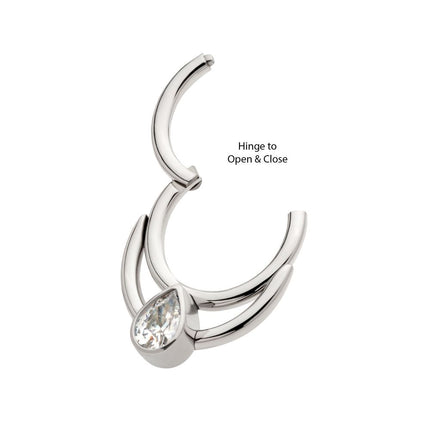Invictus Titanium Double Hoop with Pear-Shaped Gem Front Facing Hinged Segment Clicker
