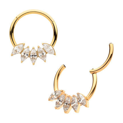 Invictus 24Kt Gold PVD Titanium 5-Cluster Marquise CZ Front Facing Hinged Segment Clicker