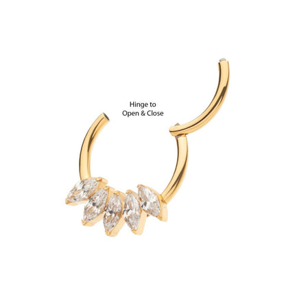 Invictus 24Kt Gold PVD Titanium 5-Cluster Marquise CZ Front Facing Hinged Segment Clicker