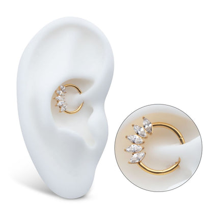 Invictus 24Kt Gold PVD Titanium 5-Cluster Marquise CZ Front Facing Hinged Segment Clicker
