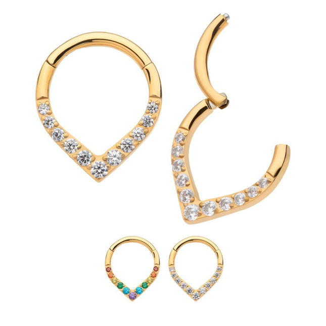 Invictus 24Kt Gold PVD Titanium CNC Set Gem Front Facing Teardrop Shape Hinged Segment Clicker