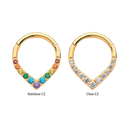 Invictus 24Kt Gold PVD Titanium CNC Set Gem Front Facing Teardrop Shape Hinged Segment Clicker
