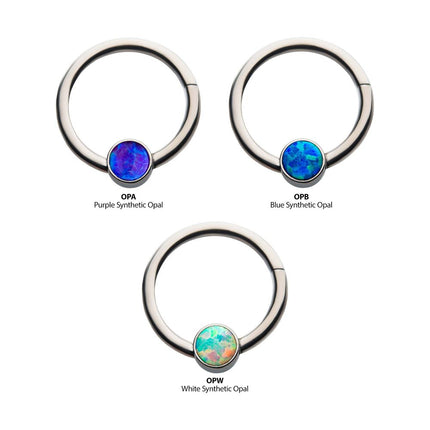 Invictus 16g Titanium with Bezel Set CZ/Synthetic Opal Flat Back Front Facing Hinged Segment Ring
