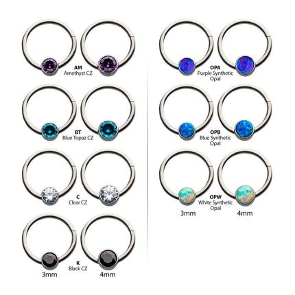 Invictus 18g Titanium with Bezel Set CZ/Synthetic Opal Flat Back Front Facing Hinged Segment Ring