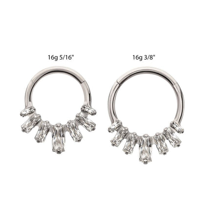 Invictus Titanium 7-Baguette Prong Set Gem Fan Cluster Front Facing Hinged Segment Clicker