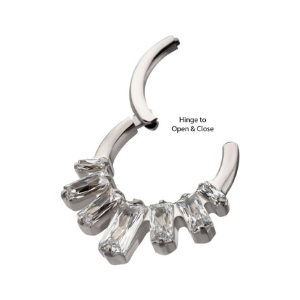 Invictus Titanium 7-Baguette Prong Set Gem Fan Cluster Front Facing Hinged Segment Clicker