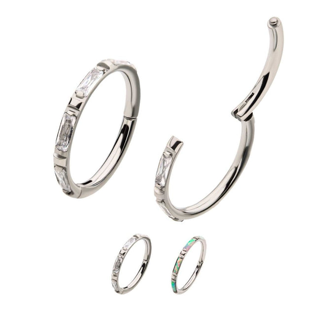 Invictus Titanium with Baguette CZ/Synthetic Opal Side Facing Hinged Segment Clicker