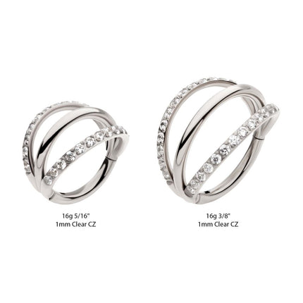 Invictus Titanium Triple Hoop with CNC Set 1mm Eternity Gem in 2 Alternate Hoops Side Facing Hinged Segment Clicker