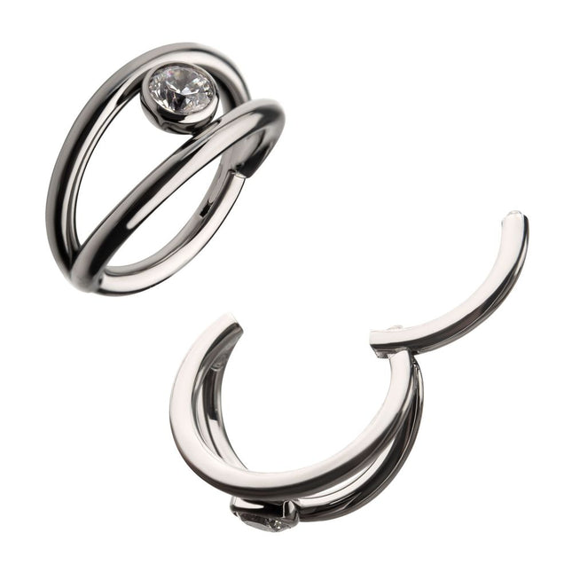Invictus Titanium Double Hoop with Bezel Set Round Gem Side Facing Hinged Segment Clicker
