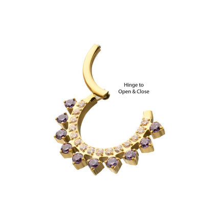 Invictus 24Kt Gold PVD Titanium Double Row CZ Multi-Gem with Clear CNC Set Inner Gem Front Facing Hinged Segment Clicker