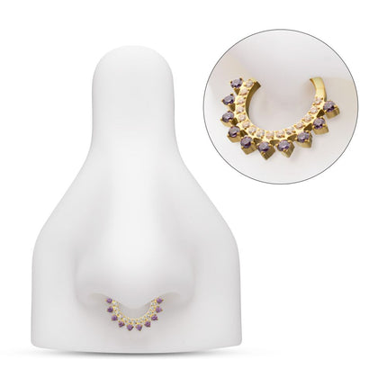 Invictus 24Kt Gold PVD Titanium Double Row CZ Multi-Gem with Clear CNC Set Inner Gem Front Facing Hinged Segment Clicker