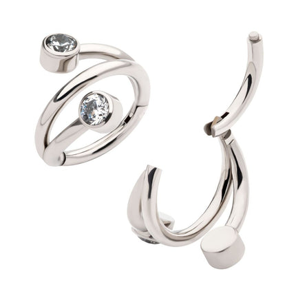 Invictus Titanium Double Ended Twist Side Facing Hinged Segment Clicker with Bezel Set Clear CZ