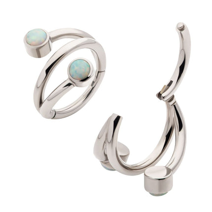 Invictus Titanium Double Ended Twist Side Facing Hinged Segment Clicker with Bezel Set White Opal