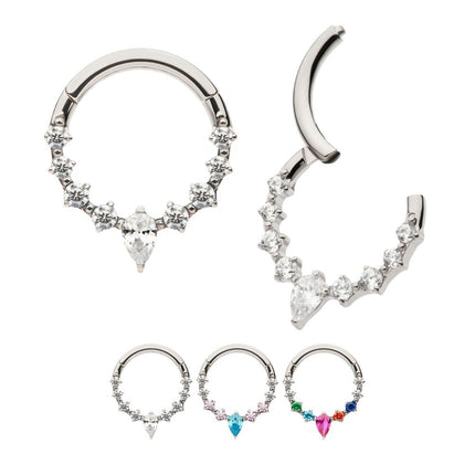 Invictus Titanium 9-Cluster Prong Set Round & Teardrop CZ Front Facing Hinged Segment Clicker